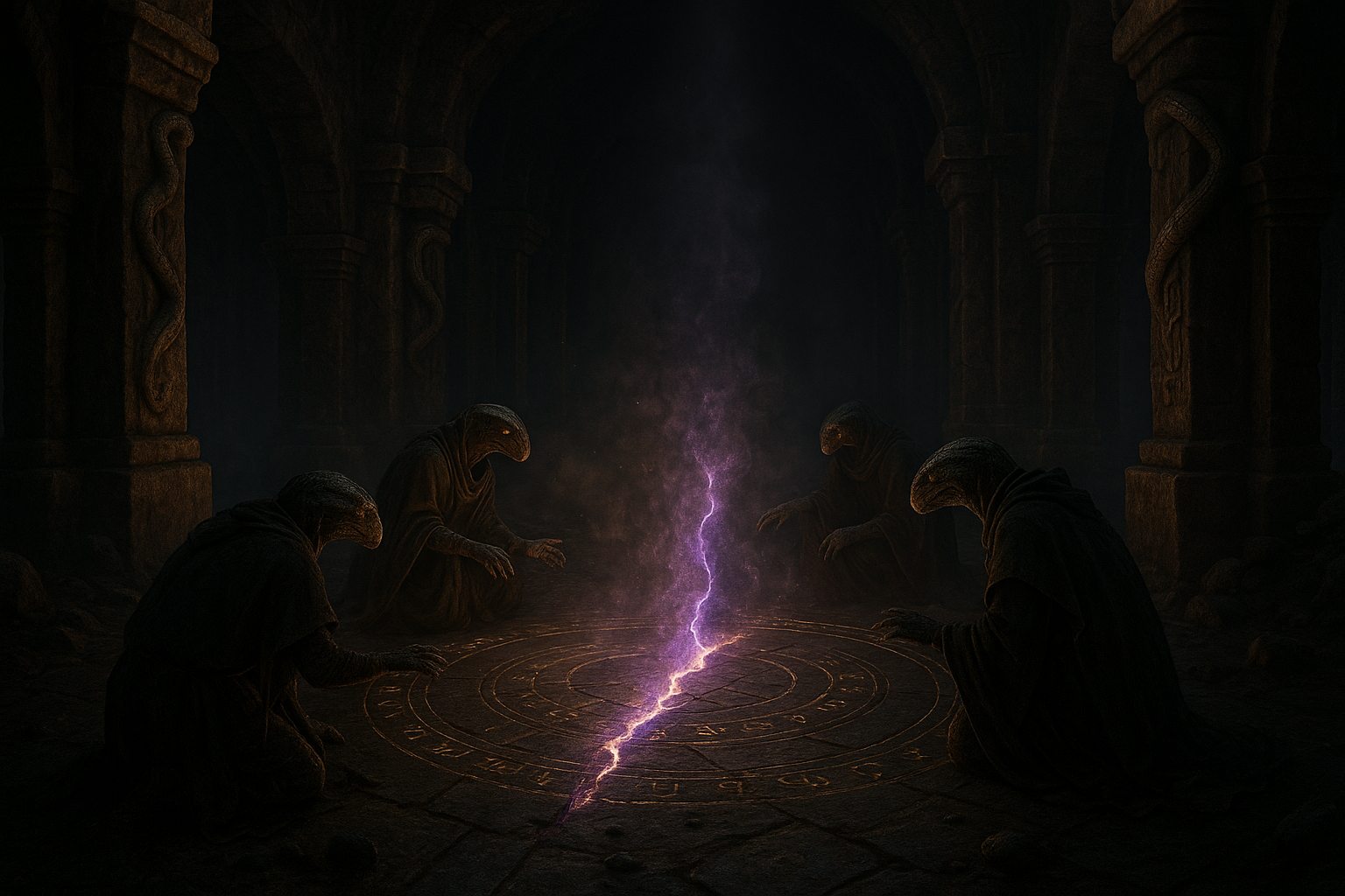 Rituel Ssraan autour d'une faille de magie violette